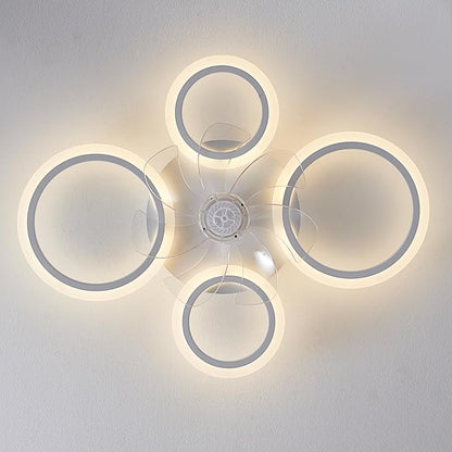 HuixuTe 26" White Geometric Circular Ceiling Fan with Lights Remote Control, 3 Colors 6 Speeds Low Profile Ceiling Fan with Light for Kitchen Bedroom