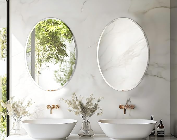 Frameless Oval Wall Mirror: Decorative Elliptical Mirrored Glass Vanity with Beveled Silver Edge for Bathroom Bedroom Livingroom Dining Room Entryway Hallway, 28 x 20 inch
