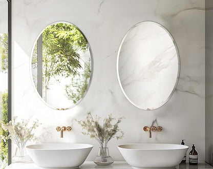 Frameless Oval Wall Mirror: Decorative Elliptical Mirrored Glass Vanity with Beveled Silver Edge for Bathroom Bedroom Livingroom Dining Room Entryway Hallway, 28 x 20 inch