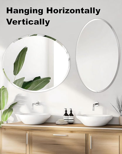 Frameless Oval Wall Mirror: Decorative Elliptical Mirrored Glass Vanity with Beveled Silver Edge for Bathroom Bedroom Livingroom Dining Room Entryway Hallway, 28 x 20 inch
