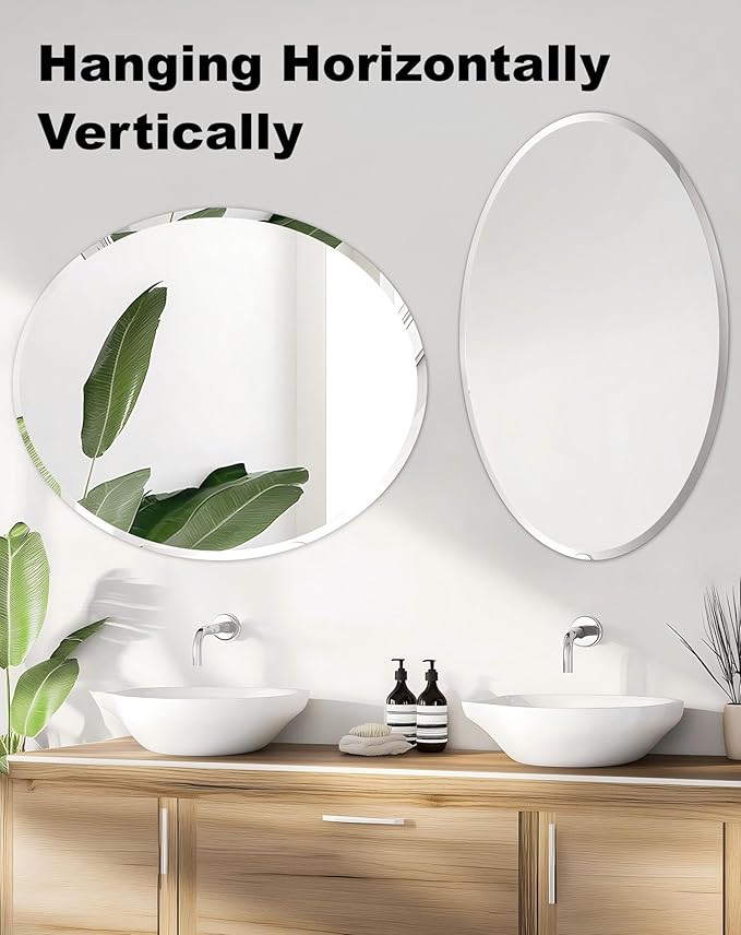 Frameless Oval Wall Mirror: Decorative Elliptical Mirrored Glass Vanity with Beveled Silver Edge for Bathroom Bedroom Livingroom Dining Room Entryway Hallway, 32 x 24 inch
