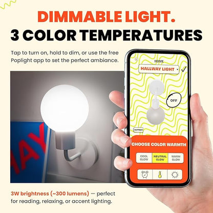 Wireless Wall Sconce (Shark Tank) Rechargeable & Dimmable LED Light w/App Control & Damage-Free Install, Moveable Modern Ambient Lighting for Elegant Home & Bedroom Decor | Popwhite