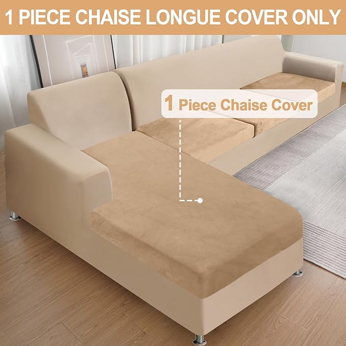 Couch Cover 1 Piece Chaise Lounge Cover Velvet Sectional Couch Cushion Covers Separate L Shape Sofa Slipcovers Furniture Protector for Dogs Pets (Chaise or Sofa 3-Seater, Camel)
