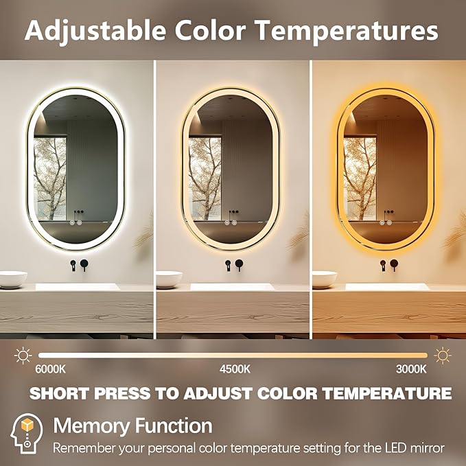 Niccy Oval LED Mirror for Bathroom, 40x24 Front Lit + Backlit Vanity Mirrors with Light Anti-Fog, Shatter-Proof, 3 Colors, Makeup Mirror with Old Gold Frame (Horizontal/Vertical)