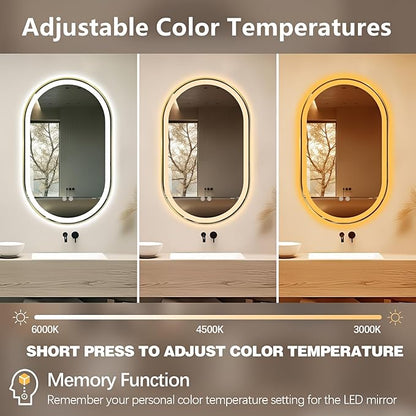 Niccy Oval LED Mirror for Bathroom, 40x24 Front Lit + Backlit Vanity Mirrors with Light Anti-Fog, Shatter-Proof, 3 Colors, Makeup Mirror with Old Gold Frame (Horizontal/Vertical)