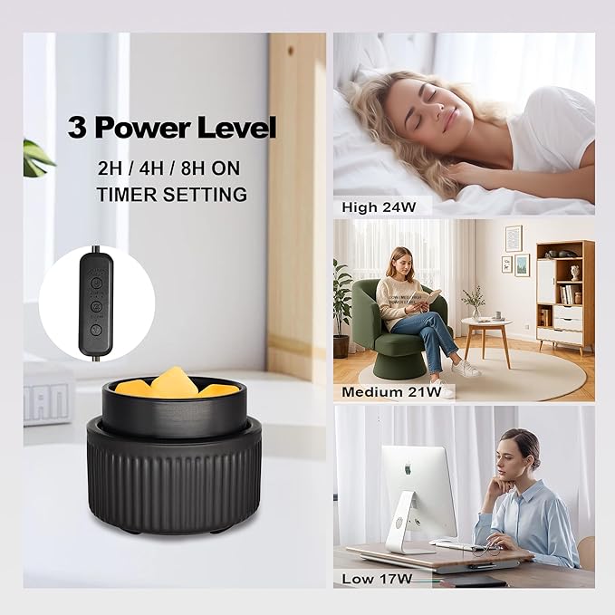 Ceramic Wax Melt Warmer with Timer - Electric Wax Warmer, Oil Burner & Candle Melter, Adjustable Heat and Auto Shut-Off for Home Office Decor, Ideal Gift（Black）