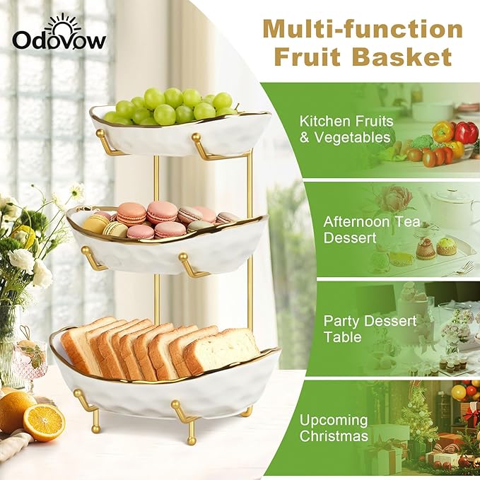 Ceramic Fruit Bowl for Kitchen Counter - 3 Tier Fruit Basket with Metal Stand, Tiered Fruit Stand for Countertop, Snack, Nuts, Cake, Dessert, Small & Cute (Gold&White)