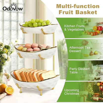 Ceramic Fruit Bowl for Kitchen Counter - 3 Tier Fruit Basket with Metal Stand, Tiered Fruit Stand for Countertop, Snack, Nuts, Cake, Dessert, Small & Cute (Gold&White)