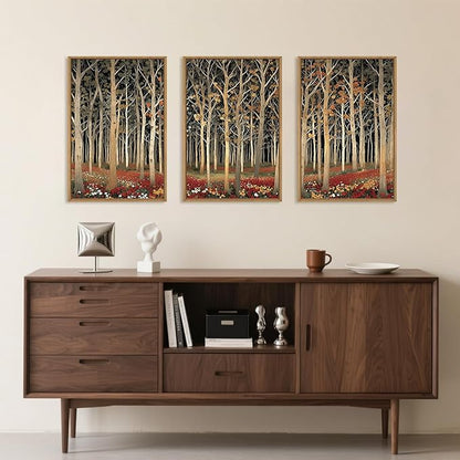 Large Modern Autumn Birch Trees Framed Canvas Wall Art,Boho Aspen Trees Wall Decor,Mid Century Fall Forest Artwork,Natural Midnight Wilderness Art Print for Living Room,Bedroom,Office-16"x24"x3