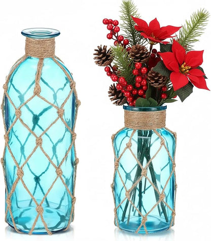 Chuangdi Set of 2 Coastal Glass Vases Christmas Vases for Flowers with Boho Rope Christmas Centerpieces for Tables Small Beach Bottle for Nautical Wedding Floral Arrangement Decorations(Aqua Blue)