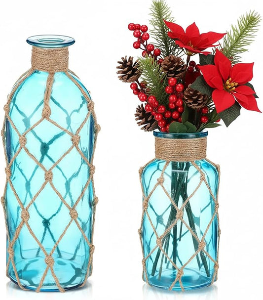 Chuangdi Set of 2 Coastal Glass Vases Christmas Vases for Flowers with Boho Rope Christmas Centerpieces for Tables Small Beach Bottle for Nautical Wedding Floral Arrangement Decorations(Aqua Blue)