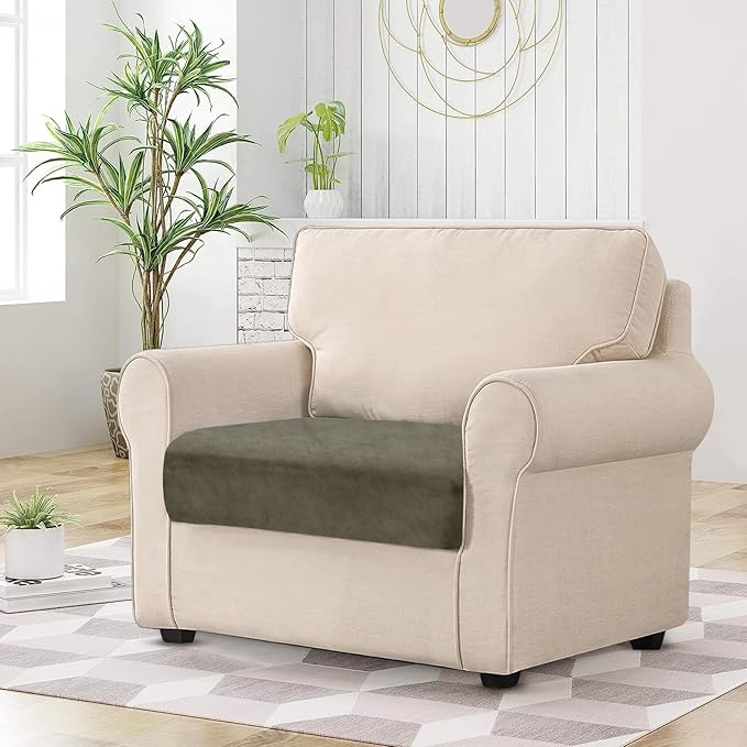 Couch Cushion Cover Velvet 1 Piece Seat Cushion Cover Stretch Armchair Cover Separate Sectional Sofa Slipcovers Furniture Protector (1-Seater or Sofa Backrest, Olive Green)