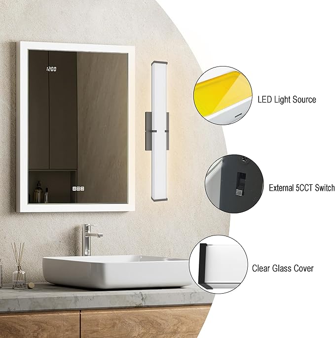 15.74Inch 2000LM Bathroom Light Fixtures 5CCT Optional, Black Modern LED Vanity Lights Clear Shade, Dimmable Bathroom Lighting Fixtures Over Mirror - ETL Listed