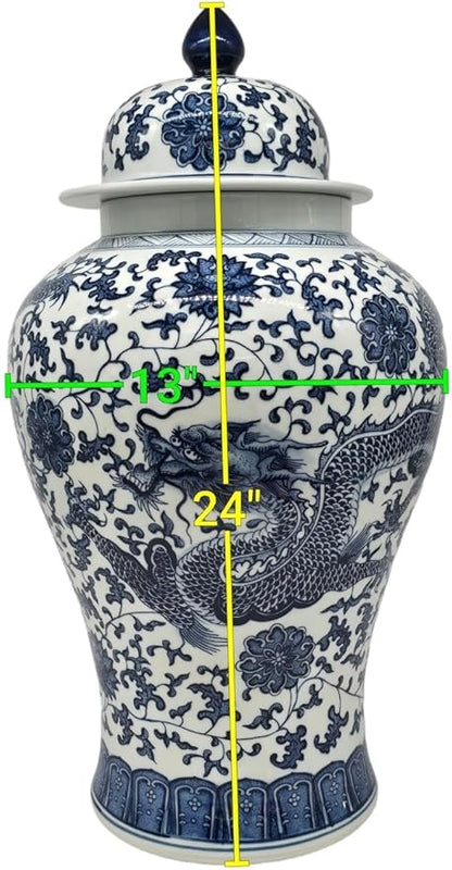 24" Classic Blue and White Dragon Porcelain Ceramic Temple Ginger Jar Vase, Large China Qing Style (Dragon)
