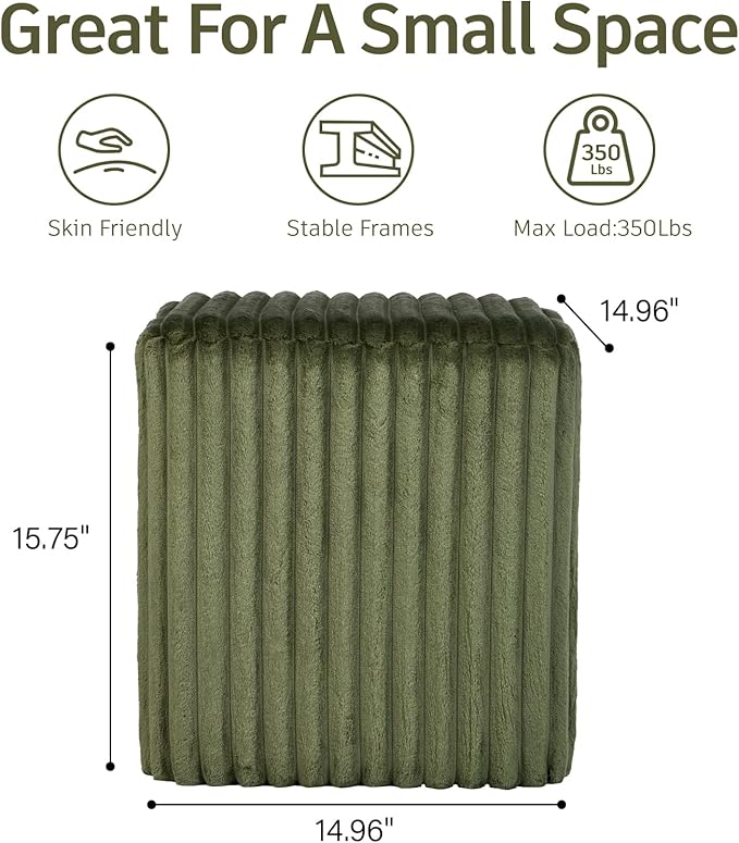 Modern Square Ottoman 2Pcs, Vertical Channel Tufted Foot Stool Ottoman, Velvet Upholstered Vanity Stool for Makeup, Bedroom, Living Room, Dark Green
