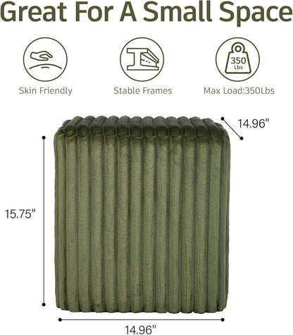 Modern Square Ottoman 2Pcs, Vertical Channel Tufted Foot Stool Ottoman, Velvet Upholstered Vanity Stool for Makeup, Bedroom, Living Room, Dark Green