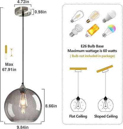 Light Grey Glass Pendant Lights Kitchen Island Globe Pendant Light Fixtures Modern Pendant Lighting for Bedroom Living Dining Room Light Fixture (9.84 in, 1 Pack)