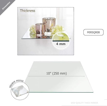 WGVI WGV Large Square Mirror Plate 10" Width, 4 mm Thickness, Frameless Sanded Edges, Quality Thick Candle Tray, Home Event Party Wedding Table Centerpiece Wall Decor, 1 Piece