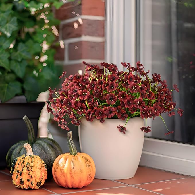 Artificial Fake Plants Flowers for Outdoor Outside Fall Decoration,24 Bundles Faux Silk Daisy in Planter UV Resistant Look Real for Home Front Door Porch Patio Garden Balcony Autumn Decor(Brown)