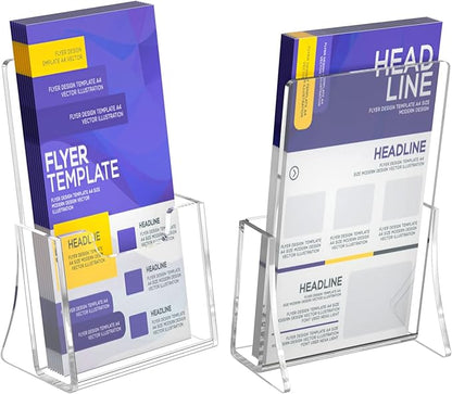 NIUBEE Acrylic Brochure Holder for 4’’ Trifold Pages, 50% Thicker Countertop Acrylic Literature Holder Plastic Flyer Display Stand for Magazine, Pamphlet, Booklets, Menu, Journals, 2 Pack
