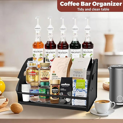 Premium Metal Design - Strong Liquor Bottle Display Shelf, 3 Steps Extra Large Rustic Mini Bar, Countertop Coffee Syrup Organizer with Handles, Ideal Gift for Dad & Liquor Enthusiasts