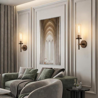 15" Knurled Brass Wall Sconce with Crackle Glass Tube, Bronze Bathroom Vanity Light Fixtures, Modern Lamp Lighting for Bedroom, Living Room, Hallway, Staircase, Mirror, Kitchen