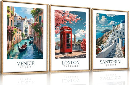 HLNIUC Italy Coast Wall Art Framed, Blue Europe Cityscape Italian Wall Decor set of 3 (16"x24"), Venice London Santorini Travel Landmark Beach Canvas Painting for Living Room, Bedroom, Office