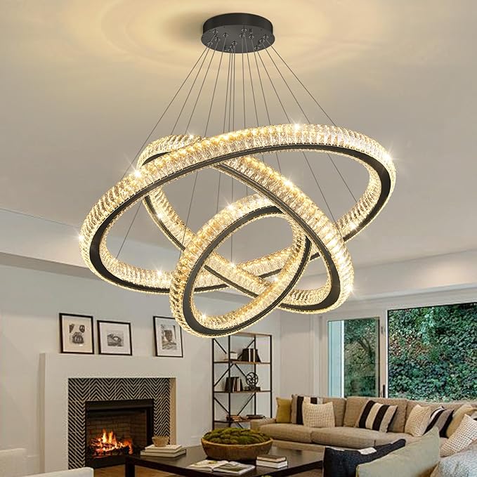 3 Rings Modern LED Chandelier Crystal Dimmable Large Foyer Chanderliers Entryway High Ceiling for Staircase Pendant Lights for Living Room Black Light
