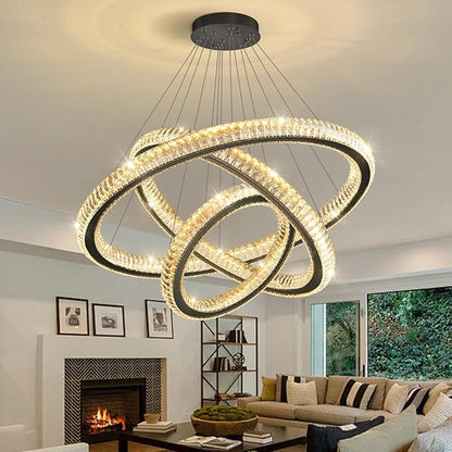 3 Rings Modern LED Chandelier Crystal Dimmable Large Foyer Chanderliers Entryway High Ceiling for Staircase Pendant Lights for Living Room Black Light