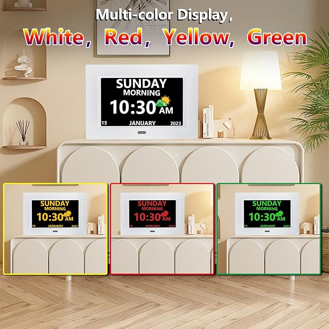 7 Inch Clock with Day and Date for Elderly Large Display Digital Clocks 12 Alarm 3 Display Modes Large Font Alzheimer's Clock Alarm Clocks for Seniors Auto DST White