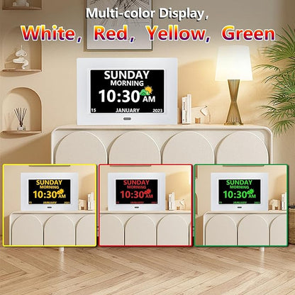 7 Inch Clock with Day and Date for Elderly Large Display Digital Clocks 12 Alarm 3 Display Modes Large Font Alzheimer's Clock Alarm Clocks for Seniors Auto DST White