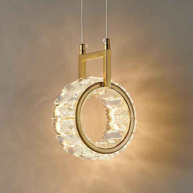 Kitchen Island Mini Light Fixture Modern Led Crystal Pendant Light Gold Round Chandelier for Dining Room Living Room Kitchen Bedroom Bar（1-Pack）