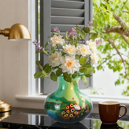 Glass Vases for Flower, Unique Hand Blown Green Glass Vase, Modern Art Decorative for Home Living Room, Office, Table centerpieces, Bookshelves and Wedding Decorations (JG67)