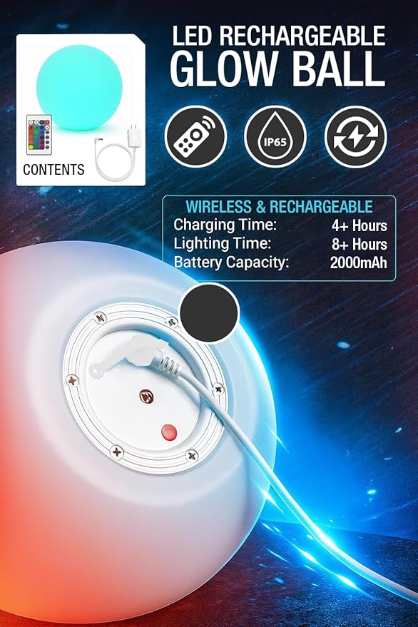 Vandue Color-Changing LED Light Ball – Rechargeable Glow Sphere with Remote – IP65 Waterproof RGB Night Light for Indoor/Outdoor, Pool, Garden, Party & Decor (10 Inch)