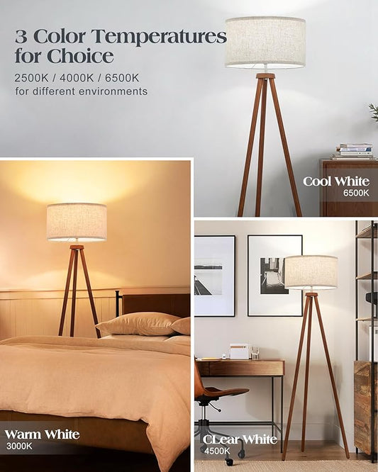 ELYONA Wood Tripod Floor Lamps with 3 Color Temperatures LED Bulb Vintage Standing Light Beige Linen Shade Tall Floor Lamp for Bedroom Living Room Office Study Room, Brown & Nickel Metal