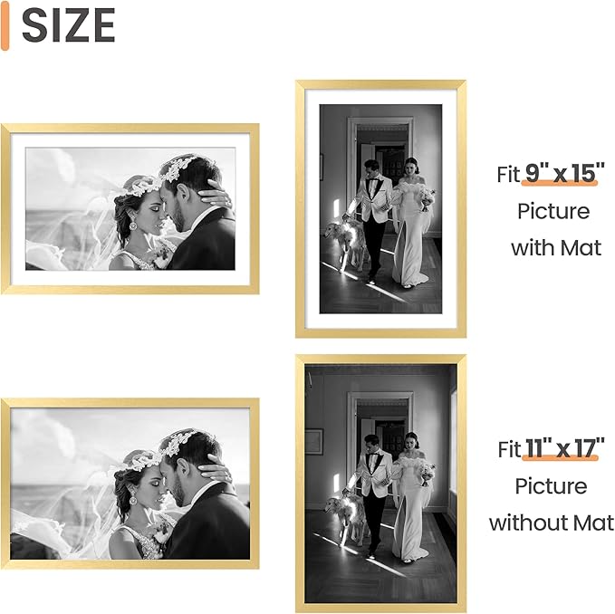 upsimples 11x17 Picture Frame Set of 5, Display Pictures 9x15 with Mat or 11 x 17 Without, Wall Gallery Poster Frames, Gold