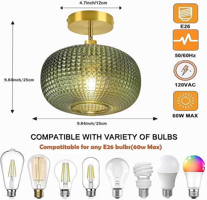 Semi Flush Mount Ceiling Light Fixture,Hallway Light Fixtures,Vintage Globe Glass Ceiling Fixture with Green Shade,Kitchen Ceiling Light Fixture,Farmhouse Ceiling Lighting for Bathroom Entryway Porch