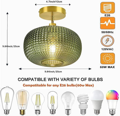 Semi Flush Mount Ceiling Light Fixture,Hallway Light Fixtures,Vintage Globe Glass Ceiling Fixture with Green Shade,Kitchen Ceiling Light Fixture,Farmhouse Ceiling Lighting for Bathroom Entryway Porch
