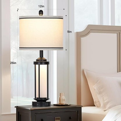 Table Lamps for Living Room Set of 2, Black Farmhouse Rustic Industrial Table Lamp with USB A+C Charging Ports & AC Outlet, 27" Modern Table Lamps with LED Night Light & Linen Fabric Lampshade