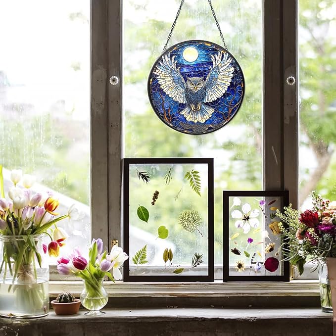 Owl Suncatcher - Moonlit Stained Glass Window Hanging Decor for Nature Lovers, Whimsical Night Bird Gift for Owl Enthusiasts,Sun Catchers Indoor Window, Outdoor Celestial Home Decoration (7.87 Inch)