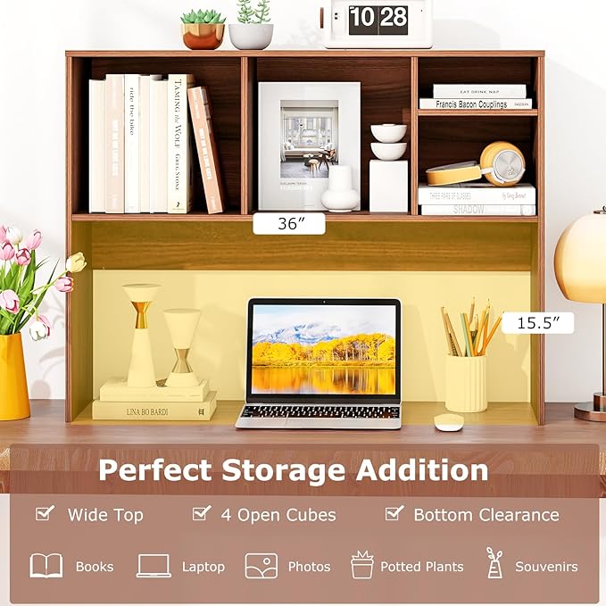 GOFLAME 4 Cubes Desktop Bookshelf, 37” Tabletop Wood Desk Shelf for Computer Monitor, Modern Countertop Desk Display Hutch Storage Organizer Shelf for Home Office, Dorm, Study (Walnut)