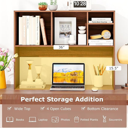 GOFLAME 4 Cubes Desktop Bookshelf, 37” Tabletop Wood Desk Shelf for Computer Monitor, Modern Countertop Desk Display Hutch Storage Organizer Shelf for Home Office, Dorm, Study (Walnut)