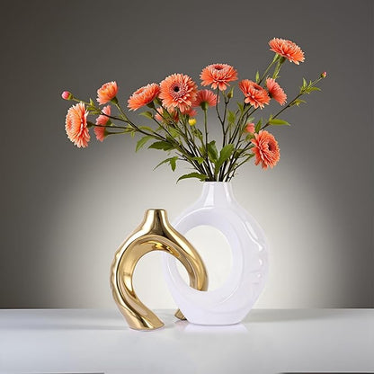 LCCCK White and Gold Ceramic Vases for Home Decor, Boho Vase for Flowers Pampas Grass Decorative, White Gold Hollow Donut Small Vase for Living Room Table Wedding Centerpiece Modern Vases