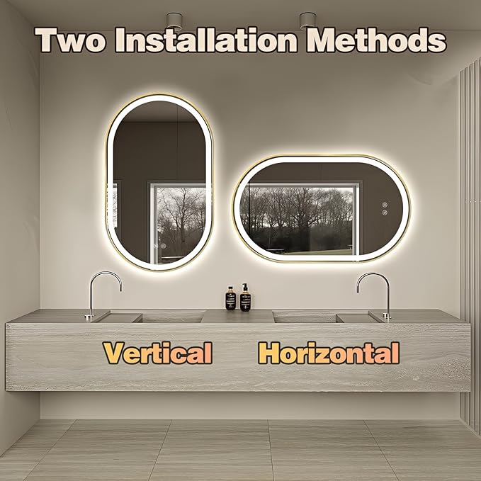 Niccy Oval LED Mirror for Bathroom, 40x24 Front Lit + Backlit Vanity Mirrors with Light Anti-Fog, Shatter-Proof, 3 Colors, Makeup Mirror with Old Gold Frame (Horizontal/Vertical)