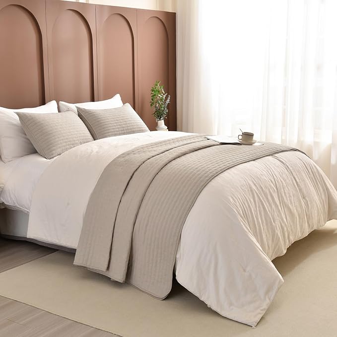 Sanracie Oversized Queen Quilt Bedspreads 102"*118", 100% Cotton Bedding Coverlet Queen Size Linen Colored Super Soft Large Cozy Cloud Bed Quilts Thin Comforter for All Season