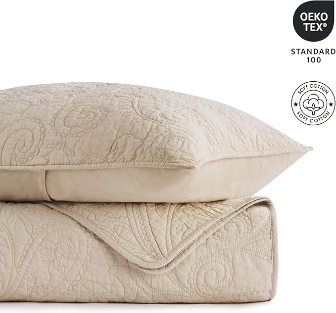 EVERGRACE 100% Cotton Paisley Quilt Set, Oversized King 3 Piece Set – Prewashed Lightweight Bedspread with 2 Shams, Soft & Breathable Matelasse Coverlet for All-Season Comfort, Flax Beige