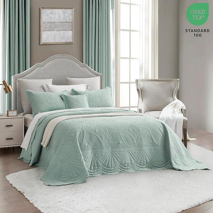 Bedspread - Full Size Bedding Cover - Modern & Contemporary Coverlet Set, Real Stitching, Reversible, Lightweight, 5 Piece, Seaglass