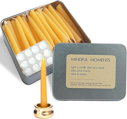Meditation Beeswax Taper Candles Set, 20 Minute Pure Beeswax Mini Prayer Candles, 30 pcs Small Wishing Candle with Brass Candle Holders for Home Yoga