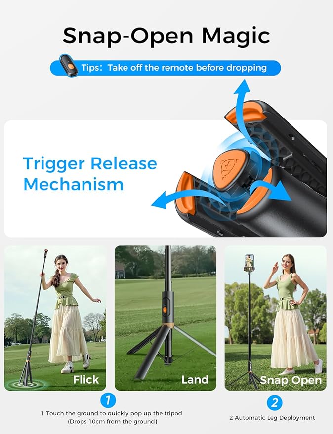 MAGIC JOHN 59" Automatic Pop-up Phone Tripod, Extendable Selfie Stick for iPhone, Selfie Stick Tripod with Detachable Remote, Flexible Rotation Travel Phone Stand Compatible with iPhone, Android