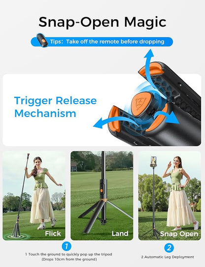 MAGIC JOHN 59" Automatic Pop-up Phone Tripod, Extendable Selfie Stick for iPhone, Selfie Stick Tripod with Detachable Remote, Flexible Rotation Travel Phone Stand Compatible with iPhone, Android